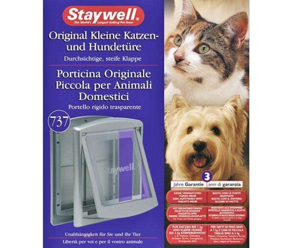 Die Staywell Original Kleine Katzen- und Hundetüre ist die perfekte Lösung für die Unabhängigkeit Ihrer Haustiere! Mit dieser hochwertigen Katzen- und Hundetüre gehören verkratzte Türen und nächtliches Aufstehen der Vergangenheit an. Ideal für Katzen und kleine Hunde bis 7 kg wie Malteser, Chihuahua, Yorkshire Terrier, Spitz, Zwergpudel und Zwergdackel, ermöglicht sie Ihrem Tier ein freies Herein- und Herausgehen. Die witterungsbeständige, transparente Klappe schließt dank ihrer magnetischen Dichtung automatisch und ist von innen abschließbar. Sie bietet zwei praktische Einstellmöglichkeiten: die Tür kann entweder komplett verriegelt oder für Ihr Tier geöffnet werden. Diese Türe ist für die meisten Türen und Wände geeignet und wird mit einem Verschlusspaneel sowie Schrauben geliefert. Die Montageanleitung erleichtert die Installation. Die Gesamtgröße beträgt 236 x 198 mm, während die Ausschnittgröße 185 x 158 mm misst. Mit einer maximalen Schulterbreite von 147 mm ist diese Türe ideal für kleine Haustiere. Erhältlich in elegantem Grau mit transparenter Klappe, ist die Staywell Katzen- und Hundetüre eine kostengünstige und praktische Lösung für jeden Tierbesitzer!