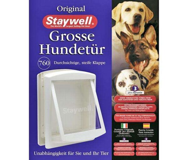 Entdecken Sie die Original Staywell Hundetür für große Hunde – die perfekte Lösung für mehr Unabhängigkeit für Sie und Ihr Haustier! Diese hochwertige Hundetür ist ideal für Hunde bis zu 45 kg, wie z.B. Deutsche Schäferhunde, Boxer, Retriever, Chow Chows, Dobermänner, Pinscher und Rottweiler. Mit dieser witterungsbeständigen und transparenten Klappe gehören verkratzte Türen und nächtliches Aufstehen der Vergangenheit an! Die innovative magnetische Dichtung sorgt dafür, dass die Tür sich selbst schließt, während die praktische Innenverriegelung und die 2-fach manuelle Verstellbarkeit maximale Flexibilität bieten: Entweder ist die Tür komplett verriegelt oder Ihr Hund kann jederzeit hinein- und hinausgehen. Diese Hundetür passt für die meisten Türen und Wände und wird mit einem Verschlusspaneel, Schrauben sowie einer zusätzlichen Tunnelverlängerung geliefert. Die Montageanleitung und Schneideanleitung erleichtern die Installation. Maße: Gesamtgröße 456 x 386 mm, Ausschnittsgröße 370 x 314 mm, max. Schulterbreite des Tieres 290 mm. Holen Sie sich jetzt die beste Hundetür für mehr Freiheit und Komfort!