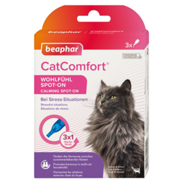 Das Beaphar CatComfort® Wohlfühl Spot-On ist die ideale Lösung, um Ihrer Katze in stressigen oder ungewohnten Situationen zu helfen. Dieses hochwertige Spot-On enthält synthetisch nachgebildete Pheromone, die Ihrer Katze ein Gefühl von Sicherheit und Geborgenheit vermitteln und Ängste effektiv reduzieren können. Es ist besonders geeignet für stressreiche Situationen wie Umzüge, Tierarztbesuche, Gewitter, Feuerwerk oder wenn neue Familienmitglieder ins Haus kommen. In Haushalten mit mehreren Katzen fördert das Spot-On die Harmonie und stärkt die Mensch-Tier-Bindung, indem es unerwünschtes Verhalten wie Kratzmarkieren oder aggressives Verhalten verringert. Das Produkt ist für Katzen aller Rassen geeignet und bietet eine Wirkungsdauer von bis zu 3 Wochen. Die Anwendung ist einfach: Tragen Sie den Inhalt einer Pipette auf die Haut zwischen den Ohren Ihrer Katze auf. Für optimale Ergebnisse wiederholen Sie die Anwendung wöchentlich. Lagern Sie das Spot-On an einem trockenen Ort und beachten Sie, dass es nicht auf beschädigter Haut angewendet werden sollte. Schützen Sie Ihre Katze vor Stress und fördern Sie ihr Wohlbefinden mit Beaphar CatComfort® Wohlfühl Spot-On – für eine entspannte und glückliche Katze.