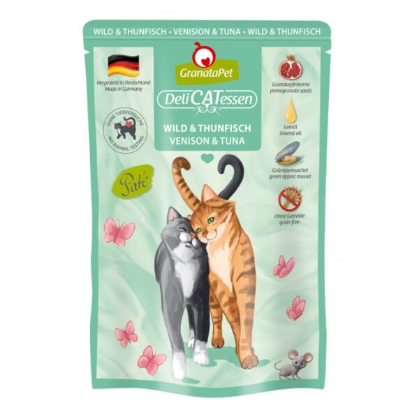 **Verbesserte Produktbeschreibung für GranataPet DeliCatessen Wild & Thunfisch** Entdecken Sie die Vorteile von GranataPet DeliCatessen Wild & Thunfisch, einem hochwertigen Alleinfuttermittel für ausgewachsene Katzen. Dieses besondere Futter enthält natürliche Granatapfelkerne, die reich an Polyphenolen sind und zur Stärkung des Immunsystems Ihrer Katze beitragen können. Die Kombination aus Wildfleisch, Thunfisch und Hühnerfleisch (72 %) sorgt für eine proteinreiche Ernährung, die Ihre Katze lieben wird. Hergestellt in Deutschland, enthält unser Futter keine künstlichen Konservierungsstoffe, kein Getreide, kein Gluten und keine Gentechnik. Es ist ideal für Katzen mit speziellen Ernährungsbedürfnissen, da es auch ohne Zucker und ungesunde Zusatzstoffe auskommt. Die enthaltenen Zutaten wie Taurin und Grünlippmuschel unterstützen zusätzlich die Gesundheit Ihrer Katze, fördern die Gelenke und bieten eine ausgewogene Nährstoffversorgung. Füttern Sie Ihre Katze mit GranataPet DeliCatessen, um ihr ein gesundes und glückliches Leben zu ermöglichen. Ideal für aktive Katzen sowie für sterilisiert Katzen. Wählen Sie das beste Futter für Ihre geliebte Katze und genießen Sie die Vorteile einer hochwertigen Ernährung! **Keywords:** GranataPet, Katzenfutter, DeliCatessen, Wild, Thunfisch, gesundes Futter, Alleinfuttermittel, Granatapfelkerne, immunstärkend, ohne Getreide, ohne Gluten, hochwertig.