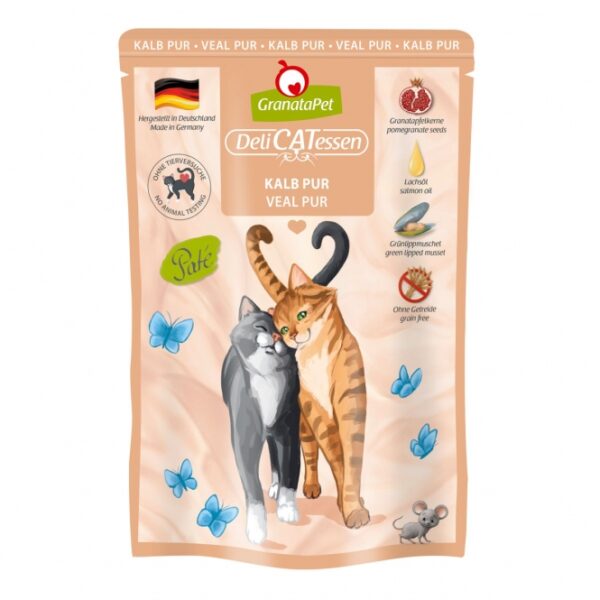 **Warum ist GranataPet DeliCatessen für Katzen so besonders?** GranataPet DeliCatessen bietet eine hochwertige Ernährung für Ihre Katze, die reich an natürlichen Granatapfelkernen ist. Diese enthalten viele Polyphenole (Ellagsäure), die als Antioxidantien wirken und freie Radikale abfangen. Dies fördert den Zellschutz und stärkt das Immunsystem Ihrer Katze. Hergestellt in Deutschland, enthält unser Futter hochwertige Zutaten wie Kalbfleisch (72 %), Taurin, Leinöl und Grünlippmuschel, die natürliche Quellen von Chondroitin und Glucosamin sind. Unser Futter ist außerdem **getreidefrei** und **glutenfrei**, ohne künstliche Konservierungsstoffe oder Zuckerzusatz – ideal für eine gesunde Ernährung. Wählen Sie GranataPet DeliCatessen für eine gesunde, ausgewogene Ernährung Ihrer Katze, die auf ihre speziellen Bedürfnisse abgestimmt ist.