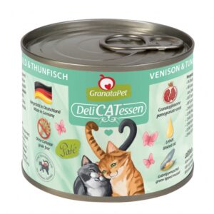 GranataPet ist das ideale Futter für Ihre Katze, das mit hochwertigen Granatapfelkernen angereichert ist. Diese Kerne sind reich an natürlichen Polyphenolen, die als starke Antioxidantien wirken und das Immunsystem Ihrer Katze stärken können. Hergestellt in Deutschland, enthält unser Alleinfuttermittel für ausgewachsene Katzen keine künstlichen Konservierungsstoffe, kein Getreide, kein Gluten und keine gentechnisch veränderten Organismen. Die Kombination aus Wildfleisch, Thunfisch und Hühnerfleisch sorgt für einen köstlichen Geschmack, während Taurin und Leinöl zusätzliche Nährstoffe liefern. Verleihen Sie Ihrer Katze die beste Ernährung mit GranataPet – für ein gesundes und glückliches Leben!" **Keywords:** GranataPet, Futter für Katzen, Granatapfelkerne, Polyphenole, Immunsystem, Alleinfuttermittel, ohne Getreide, ohne Gluten, Taurin, Leinöl, Wildfleisch, Thunfisch, Hühnerfleisch.