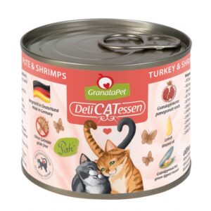 **Warum ist GranataPet so besonders?** GranataPet bietet eine einzigartige Kombination aus hochwertigen Zutaten, die speziell für die Gesundheit Ihrer Katze entwickelt wurden. Die enthaltenen Granatapfelkerne sind reich an natürlichen Polyphenolen (Ellagsäure), die helfen, freie Radikale abzufangen und somit den Zellschutz sowie das Immunsystem Ihrer Katze zu stärken. **Hergestellt in Deutschland** – unser Futter wird mit Sorgfalt und ohne schädliche Zusatzstoffe produziert. Es enthält Granatapfelkerne, Taurin und Leinöl, sowie Grünlippmuschel, die natürliche Quellen für Chondroitin und Glucosamin sind. GranataPet ist **frei von Getreide, Gluten, Weizen, Reis, Mais und Soja**, und enthält keine zugesetzten Zucker oder künstlichen Konservierungsmittel. **Das ideale Alleinfuttermittel für ausgewachsene Katzen** – GranataPet DeliCatessen mit Pute und Shrimps bietet eine ausgewogene Ernährung mit 72 % Putenfleisch und Shrimps. Die analytischen Bestandteile umfassen 10,5 % Protein und 5,6 % Fett, ideal für die Gesundheit Ihrer Katze. Geben Sie Ihrer Katze das Beste aus der Natur mit GranataPet – für ein langes, gesundes und glückliches Leben!