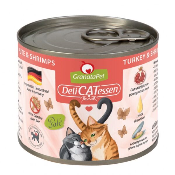 **Warum ist GranataPet so besonders?** GranataPet bietet eine einzigartige Kombination aus hochwertigen Zutaten, die speziell für die Gesundheit Ihrer Katze entwickelt wurden. Die enthaltenen Granatapfelkerne sind reich an natürlichen Polyphenolen (Ellagsäure), die helfen, freie Radikale abzufangen und somit den Zellschutz sowie das Immunsystem Ihrer Katze zu stärken. **Hergestellt in Deutschland** – unser Futter wird mit Sorgfalt und ohne schädliche Zusatzstoffe produziert. Es enthält Granatapfelkerne, Taurin und Leinöl, sowie Grünlippmuschel, die natürliche Quellen für Chondroitin und Glucosamin sind. GranataPet ist **frei von Getreide, Gluten, Weizen, Reis, Mais und Soja**, und enthält keine zugesetzten Zucker oder künstlichen Konservierungsmittel. **Das ideale Alleinfuttermittel für ausgewachsene Katzen** – GranataPet DeliCatessen mit Pute und Shrimps bietet eine ausgewogene Ernährung mit 72 % Putenfleisch und Shrimps. Die analytischen Bestandteile umfassen 10,5 % Protein und 5,6 % Fett, ideal für die Gesundheit Ihrer Katze. Geben Sie Ihrer Katze das Beste aus der Natur mit GranataPet – für ein langes, gesundes und glückliches Leben!