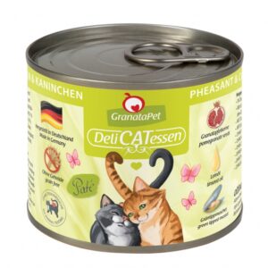 **Warum ist GranataPet für Ihre Katze so besonders?** Granatapfelkerne sind reich an natürlichen Polyphenolen, insbesondere Ellagsäure, die für Katzen von großem Nutzen sind. Diese wertvollen Inhaltsstoffe helfen, freie Radikale abzufangen, bieten Zellschutz und stärken das Immunsystem Ihrer Katze. GranataPet DeliCatessen ist ein hochwertiges Alleinfuttermittel, das in Deutschland hergestellt wird und mit hochwertigen Zutaten wie Granatapfelkernen, Taurin, Leinöl und Grünlippmuschel (natürliches Chondroitin und Glucosamin) angereichert ist. Es ist frei von Getreide, Gluten, Zuckerzusatz und künstlichen Konservierungsstoffen, sodass Sie sicher sein können, dass Ihre Katze nur das Beste erhält. Verwöhnen Sie Ihre Katze mit GranataPet DeliCatessen Fasan & Kaninchen – für gesunde und glückliche Katzen!
