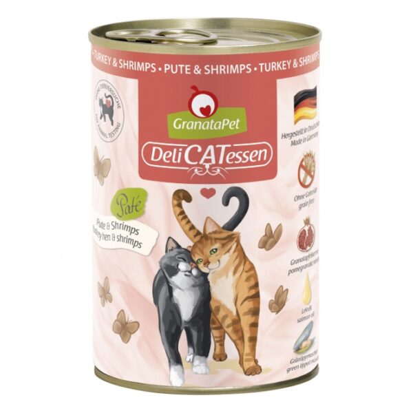 GranataPet ist ein hochwertiges Alleinfuttermittel für ausgewachsene Katzen, das mit besonderen Zutaten wie Granatapfelkernen, Taurin und Leinöl angereichert ist. Diese einzigartigen Granatapfelkerne sind reich an natürlichen Polyphenolen, die helfen, freie Radikale abzufangen und somit das Immunsystem Ihrer Katze zu stärken und Zellschutz zu bieten. Hergestellt in Deutschland, enthält GranataPet keine künstlichen Konservierungsstoffe, kein Getreide, kein Gluten und keine gentechnisch veränderten Organismen (GVO). Das Produkt ist ideal für Katzen, die eine gesunde und ausgewogene Ernährung benötigen, und besteht zu 72 % aus hochwertigem Putenfleisch und Shrimps. Mit einem hohen Feuchtigkeitsgehalt von 79 % sorgt es für eine optimale Hydration. Wählen Sie GranataPet für das Wohlbefinden Ihrer Katze und unterstützen Sie ihre Gesundheit mit einem Futter, das sowohl schmackhaft als auch nährstoffreich ist.