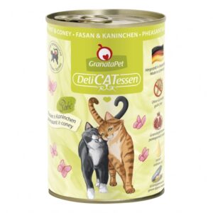 **Verbesserte Produktbeschreibung für GranataPet DeliCatessen** GranataPet DeliCatessen ist das ideale Alleinfuttermittel für ausgewachsene Katzen, das mit hochwertigen Zutaten wie Fasan, Kaninchen und Hühnerfleisch hergestellt wird. Besonders hervorzuheben sind die reichhaltigen Granatapfelkerne, die voller natürlicher Polyphenole sind und helfen, freie Radikale abzufangen. Dies unterstützt den Zellschutz und stärkt das Immunsystem Ihrer Katze. Hergestellt in Deutschland, enthält dieses Futter keine künstlichen Konservierungsstoffe, kein Getreide, kein Gluten und keine Gentechnik, was es zu einer gesunden Wahl für Ihre Katze macht. Die Mischung aus Taurin, Leinöl und Grünlippmuschel sorgt für eine ausgewogene Ernährung und fördert die Gesundheit der Gelenke. Verwöhnen Sie Ihre Katze mit GranataPet DeliCatessen für ein glückliches und gesundes Leben!