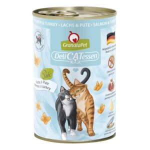 **Optimierte Produktbeschreibung für GranataPet DeliCatessen** Entdecken Sie, warum GranataPet DeliCatessen für Katzen so besonders ist! Dieses hochwertige Alleinfuttermittel für ausgewachsene Katzen enthält wertvolle Granatapfelkerne, die reich an natürlichen Polyphenolen (Ellagsäure) sind. Diese Inhaltsstoffe helfen, freie Radikale abzufangen und bieten somit effektiven Zellschutz sowie eine Stärkung des Immunsystems Ihrer Katze. Hergestellt in Deutschland, bietet GranataPet DeliCatessen eine ideale Mischung aus Lachs und Putenfleisch (72%), angereichert mit Taurin, Leinöl und Grünlippmuschel, die natürliche Quellen für Chondroitin und Glucosamin darstellt. Besonders vorteilhaft ist, dass GranataPet DeliCatessen völlig ohne Getreide, Gluten, Zuckerzusatz und künstliche Konservierungsmittel auskommt. Es ist die perfekte Wahl für gesundheitsbewusste Katzenbesitzer, die ihren Lieblingen ein schmackhaftes und nahrhaftes Futter bieten möchten. Mit einem hohen Feuchtigkeitsgehalt von 80% ist dieses Futter nicht nur lecker, sondern sorgt auch für eine optimale Hydration Ihrer Katze. Vertrauen Sie auf GranataPet – für das Wohlbefinden und die Gesundheit Ihrer Katze!