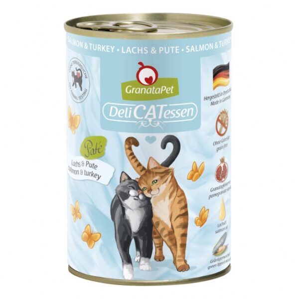 **Optimierte Produktbeschreibung für GranataPet DeliCatessen** Entdecken Sie, warum GranataPet DeliCatessen für Katzen so besonders ist! Dieses hochwertige Alleinfuttermittel für ausgewachsene Katzen enthält wertvolle Granatapfelkerne, die reich an natürlichen Polyphenolen (Ellagsäure) sind. Diese Inhaltsstoffe helfen, freie Radikale abzufangen und bieten somit effektiven Zellschutz sowie eine Stärkung des Immunsystems Ihrer Katze. Hergestellt in Deutschland, bietet GranataPet DeliCatessen eine ideale Mischung aus Lachs und Putenfleisch (72%), angereichert mit Taurin, Leinöl und Grünlippmuschel, die natürliche Quellen für Chondroitin und Glucosamin darstellt. Besonders vorteilhaft ist, dass GranataPet DeliCatessen völlig ohne Getreide, Gluten, Zuckerzusatz und künstliche Konservierungsmittel auskommt. Es ist die perfekte Wahl für gesundheitsbewusste Katzenbesitzer, die ihren Lieblingen ein schmackhaftes und nahrhaftes Futter bieten möchten. Mit einem hohen Feuchtigkeitsgehalt von 80% ist dieses Futter nicht nur lecker, sondern sorgt auch für eine optimale Hydration Ihrer Katze. Vertrauen Sie auf GranataPet – für das Wohlbefinden und die Gesundheit Ihrer Katze!
