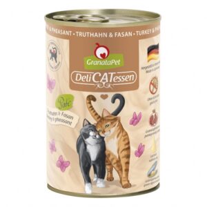 GranataPet ist ein hochwertiges Alleinfuttermittel für ausgewachsene Katzen, das mit natürlichen Zutaten wie Granatapfelkernen, Taurin und Leinöl hergestellt wird. Die Granatapfelkerne sind reich an Polyphenolen, die für den Zellschutz Ihrer Katze und die Stärkung des Immunsystems wichtig sind. Zudem enthält das Futter wertvolle Zutaten wie Grünlippmuschel, die natürliches Chondroitin und Glucosamin liefert. GranataPet ist frei von Getreide, Gluten, Zucker und künstlichen Konservierungsstoffen, was es zu einer gesunden Wahl für Ihre Katze macht. Hergestellt in Deutschland, bietet dieses Futter eine ausgewogene Ernährung mit einem hohen Fleischanteil von 72% aus Truthahn und Fasan. Verwöhnen Sie Ihre Katze mit GranataPet DeliCatessen – für ein langes und gesundes Katzenleben!" **Keywords:** GranataPet, hochwertiges Alleinfuttermittel, Granatapfelkerne, Taurin, Leinöl, Grünlippmuschel, Zellschutz, Immunsystem, gesundes Katzenfutter, ohne Getreide, ohne Gluten, in Deutschland hergestellt.