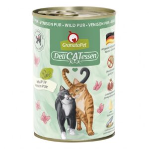 GranataPet DeliCatessen Wild PUR ist ein hochwertiges Alleinfuttermittel für ausgewachsene Katzen, das speziell entwickelt wurde, um die Gesundheit und das Wohlbefinden Ihrer Katze zu fördern. Die einzigartige Rezeptur enthält 72 % Wildfleisch, angereichert mit wertvollen Granatapfelkernen, die reich an natürlichen Polyphenolen (Ellagsäure) sind. Diese unterstützen den Zellschutz und stärken das Immunsystem Ihrer Katze. Hergestellt in Deutschland, bietet dieses Futter eine ausgewogene Mischung aus Taurin, Leinöl und Grünlippmuschel, die für ihre natürlichen Chondroitin- und Glucosaminquellen bekannt ist. GranataPet ist frei von Getreide, Gluten, Zucker und künstlichen Konservierungsstoffen, was es zu einer idealen Wahl für ernährungssensible Katzen macht. Gönnen Sie Ihrer Katze die besten Zutaten für ein gesundes Leben – mit GranataPet DeliCatessen Wild PUR!
