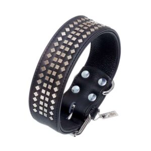 Dieses hochwertige Halsband ist speziell für große Hunde konzipiert und bietet durch seine extra breite Form und die dichten, viereckigen Ziernieten nicht nur einen edlen Look, sondern auch höchste Funktionalität. Hergestellt aus handverlesenem Rindnappaleder in Deutschland, garantiert es eine lange Lebensdauer und ist gleichzeitig pflegeleicht und angenehm weich. Ihr Hund wird den hohen Tragekomfort lieben, während die zusätzliche Nyloneinlage für Stabilität und Reißfestigkeit sorgt. Das Halsband ist robust genietet und mit verchromten Beschlägen ausgestattet, was es besonders langlebig macht. Verfügbar in klassischem Schwarz, hat es eine Breite von 50 mm und eine Gesamtlänge von 70 cm, verstellbar von 53 bis 59 cm. Die Vintage-Reihe besticht durch modische Trendfarben und ist ideal für stilbewusste Hundebesitzer. Durch die doppelt gebuggte Lederverarbeitung schont es das Fell Ihres Hundes und ist dank der glatten Oberfläche besonders abweisend gegen Feuchtigkeit und Schmutz. Entscheiden Sie sich für Qualität und Stil – für ein einzigartiges Halsband, das sowohl Komfort als auch Eleganz vereint!