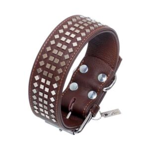 Dieses hochwertige Halsband ist speziell für große Hunde konzipiert und beeindruckt durch seine extra breite Gestaltung sowie die dichten, viereckigen Ziernieten. Hergestellt aus handverlesenen, langlebigen Lederhäuten in Deutschland, bietet es eine exzellente Qualität und eine lange Lebensdauer. Dank der pflegeleichten und weichen Beschaffenheit sorgt es für hohen Tragekomfort für Ihren Hund. Eine zusätzliche Nyloneinlage gewährleistet Stabilität und Reißfestigkeit, während die verchromten Beschläge und die robuste Nietenverarbeitung für zusätzlichen Stil und Sicherheit sorgen. Das Halsband ist in elegantem Braun gehalten, hat eine Breite von 50 mm und eine Gesamtlänge von 70 cm, verstellbar von 53 bis 59 cm. Die Vintage-Reihe umfasst zudem edle Lederleinen und Halsbänder in modischen Trendfarben, die sowohl strapazierfähig als auch angenehm weich sind. Das doppelt gebuggte Rindnappaleder ist besonders schonend zum Fell und abweisend gegen Feuchtigkeit und Schmutz. Investieren Sie in Qualität und Stil für Ihren großen Hund mit diesem einzigartigen Halsband!
