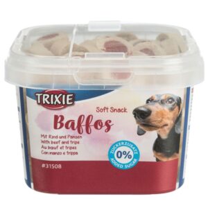 Entdecken Sie die köstlichen Baffos mit Rind und Pansen, das ideale Ergänzungsfuttermittel für kleine Hunde und Welpen. Diese hochwertigen Leckerlis sind zuckerfrei und kommen in einer praktischen Kunststoffbox, die für eine einfache Entnahme sorgt. Der clever gestaltete Deckel lässt sich leicht aufklappen, sodass Sie die Leckereien mühelos herausnehmen können. Zudem bleiben die Snacks sicher, trocken und besonders lange frisch – perfekt für die täglichen Belohnungen Ihres vierbeinigen Freundes. Mit einem Inhalt von 140 g bieten die Baffos eine ausgewogene Zusammensetzung aus Getreide, Fleisch und tierischen Nebenerzeugnissen (4% Rind, 4% Pansen), ergänzt durch pflanzliche Nebenerzeugnisse sowie gesunde Öle und Fette. Dank eines hohen Proteingehalts von 20% sind diese Leckerlis nicht nur schmackhaft, sondern auch nahrhaft. Gönnen Sie Ihrem Hund die besten Leckereien mit Baffos – für glückliche und gesunde Haustiere!