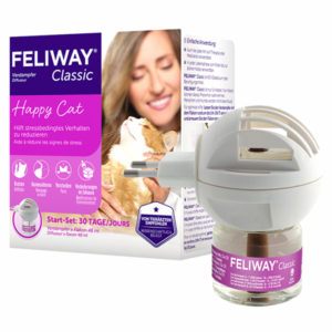 FELIWAY ist ein innovativer Verdampfer, der dem natürlichen Wohlfühlpheromon der Katze nachempfunden ist und für ein entspanntes Zuhause sorgt. Dieser effektive Steckdosen-Verdampfer deckt eine Wohnfläche von 50 bis 70 m² ab und verwandelt Ihr Zuhause in eine Wohlfühloase für Ihre Samtpfoten. Er reduziert stressbedingte Verhaltensweisen wie Harnmarkieren und Spannungen im Mehrkatzenhaushalt, sodass Ihre Katzen sich schneller an neue Situationen gewöhnen können. Das FELIWAY Happy Home Start-Set ist eine nicht-medikamentöse Lösung, die wissenschaftlich belegt Stress bei Katzen jeden Alters reduziert und von Tierärzten empfohlen wird. Mit einer Anwendung von nur 30 Tagen können Sie eine Reduzierung des Harnmarkierens um bis zu 90% erwarten. Der Verdampfer arbeitet kontinuierlich, um eine konstante Entspannung und Behaglichkeit zu gewährleisten. Ideal für die Eingewöhnung im neuen Zuhause oder bei Veränderungen in der gewohnten Umgebung. Sorgen Sie für das Wohlbefinden Ihrer Katzen mit FELIWAY – der besten Wahl für glückliche und entspannte Haustiere!