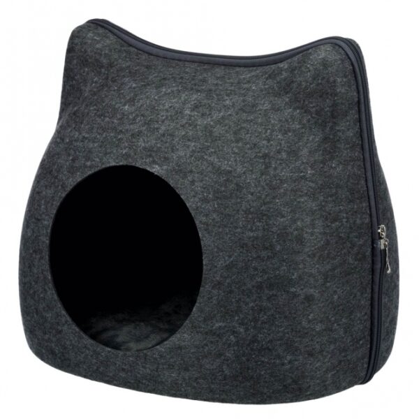 Die Kuschelhöhle Cat ist der perfekte Rückzugsort für Ihre Katze und besteht aus hochwertigem, formstabilem Filz (Polyester), der isolierend und schmutzabweisend ist. Mit einem praktischen Reißverschluss lässt sich die Höhle vollständig öffnen und platzsparend verstauen, was sie ideal für kleine Wohnungen macht. Das bequeme Kissen mit einem weichen Plüsch-Bezug und Polyestervlies-Füllung sorgt für einen kuscheligen Schlafplatz, den Ihre Katze lieben wird. Zudem kann das Kissen einfach per Handwäsche gereinigt werden, was die Pflege erleichtert. Mit den kompakten Maßen von ca. 38 x 35 x 37 cm und der eleganten Farbe Anthrazit fügt sich die Kuschelhöhle harmonisch in jede Wohnungseinrichtung ein. Gönnen Sie Ihrer Katze diesen komfortablen Rückzugsort – für entspannte Stunden und süße Träume!