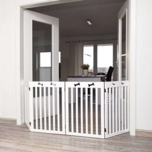 Dieses hochwertige Hunde-Absperrgitter aus lackiertem MDF ist die perfekte Lösung, um Räume und Treppen für große Hunde sicher abzusperren. Mit einer variablen Breite von bis zu 160 cm passt sich das Gitter mühelos Ihren Bedürfnissen an und lässt sich dank der klappbaren Elemente einfach verstauen. Die Maße von ca. 60-160 x 75 cm und die elegante weiße Farbe machen es nicht nur funktional, sondern auch optisch ansprechend. Investieren Sie in Qualität und Sicherheit für Ihren Hund – mit diesem praktischen Hunde-Absperrgitter schaffen Sie eine sichere Umgebung in Ihrem Zuhause.