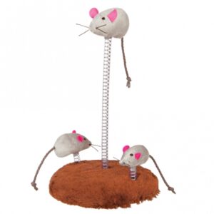 Entdecken Sie die unterhaltsame Plüschmausfamilie, die auf Spiralfedern befestigt ist und den natürlichen Jagdinstinkt Ihrer Katze weckt. Dieses hochwertige Katzenspielzeug sorgt für stundenlangen Spielspaß und ist perfekt für aktive Katzen. Mit einer stabilen Bodenplatte von ca. 14,5 cm Durchmesser, die mit weichem Plüsch bezogen ist, bleibt das Spielzeug standfest und sicher. Zusätzlich ist es mit Catnip gefüllt, um das Spielvergnügen Ihrer Katze noch weiter zu steigern. Die Maße betragen etwa 14,5 x 22 cm (Durchmesser x Höhe). Bitte beachten Sie, dass die Farben von der Abbildung abweichen können. Gönnen Sie Ihrer Katze ein Spielzeug, das sowohl Spaß als auch Bewegung fördert!