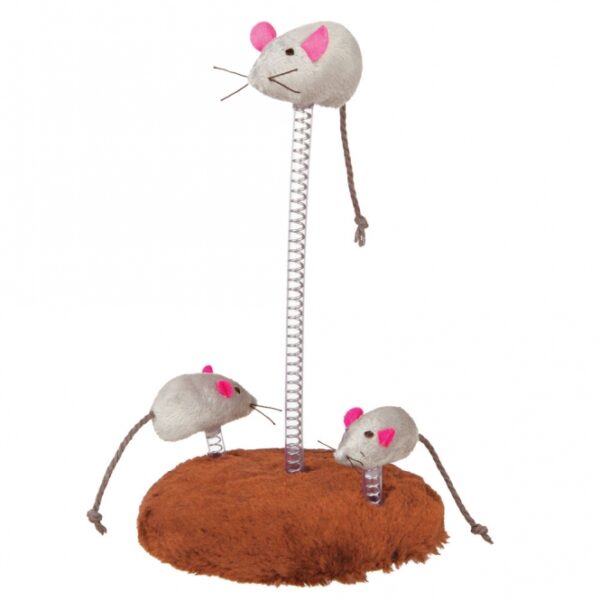 Entdecken Sie die unterhaltsame Plüschmausfamilie, die auf Spiralfedern befestigt ist und den natürlichen Jagdinstinkt Ihrer Katze weckt. Dieses hochwertige Katzenspielzeug sorgt für stundenlangen Spielspaß und ist perfekt für aktive Katzen. Mit einer stabilen Bodenplatte von ca. 14,5 cm Durchmesser, die mit weichem Plüsch bezogen ist, bleibt das Spielzeug standfest und sicher. Zusätzlich ist es mit Catnip gefüllt, um das Spielvergnügen Ihrer Katze noch weiter zu steigern. Die Maße betragen etwa 14,5 x 22 cm (Durchmesser x Höhe). Bitte beachten Sie, dass die Farben von der Abbildung abweichen können. Gönnen Sie Ihrer Katze ein Spielzeug, das sowohl Spaß als auch Bewegung fördert!