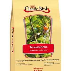 **Optimierte Produktbeschreibung für Classic Bird Terassenmix** Der Classic Bird Terassenmix ist eine hochwertige und energiereiche Mischung für Vögel, die ohne Schalen auskommt. Dieses schmackhafte Ganzjahresfutter kann das ganze Jahr über gefüttert werden und ist ideal für Balkon und Terrasse, da es keine lästigen Schalenrückstände hinterlässt. Die sorgfältig ausgewählte Rezeptur enthält eine Vielzahl von hochwertigen Zutaten wie Fettfutter, geschälte Sonnenblumenkerne und Erdnüsse, die eine optimale Nahrungsaufnahme gewährleisten. Genießen Sie die Vorteile eines nährstoffreichen Ergänzungsfutters, das Ihre gefiederten Freunde das ganze Jahr über vital hält. Lagern Sie das Futter kühl und trocken, um die Frische zu bewahren und die Lebensqualität Ihrer Vögel zu fördern. **Keywords:** Ganzjahresfutter, hochwertige Mischung, schalenlos, Balkon, Terrasse, Ergänzungsfuttermittel, Vögel, energiereich.
