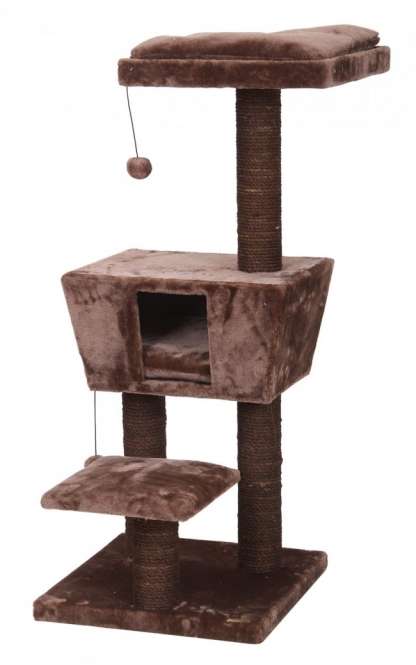 Dieser hochwertige mittelgroße Kratzbaum ist der perfekte Spielplatz für Ihre Katze und bietet zwei bequeme Liegeflächen sowie eine gemütliche Höhle, die mit besonders weichem Plüsch bezogen ist. Die robusten 4 Sisalstämme fördern das Kratzen und helfen, die Krallen Ihrer Katze gesund zu halten. Sowohl die obere Liegefläche als auch das Häuschen sind mit herausnehmbaren Kissen ausgestattet, die für zusätzlichen Komfort sorgen. Für jede Menge Spielspaß sorgen die Spielbälle mit Gummiband, die an der oberen Liegefläche und am Häuschen befestigt sind. Mit kompakten Maßen von 47 x 63 x 112 cm, einer stabilen Bodenplatte von 48 x 48 cm und einer attraktiven dunkelbraunen Farbe fügt sich dieser Kratzbaum nahtlos in Ihr Zuhause ein. Investieren Sie in die Lebensqualität Ihrer Katze mit diesem praktischen und stilvollen Kratzbaum!