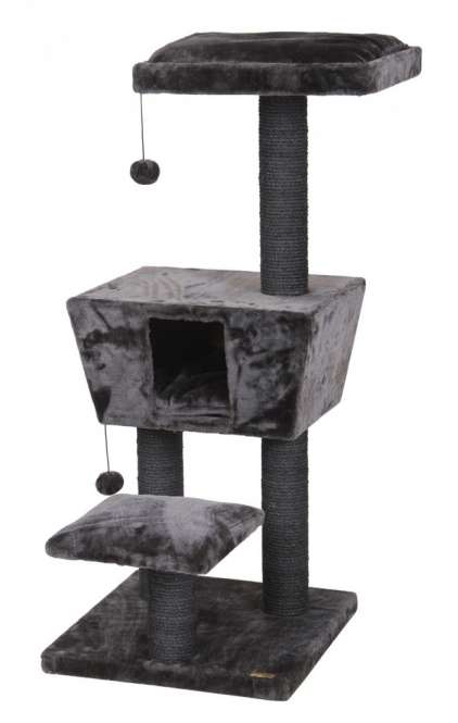 Dieser hochwertige mittelgroße Kratzbaum ist der perfekte Spielplatz für Ihre Katze und bietet zwei bequeme Liegeflächen sowie eine gemütliche Höhle, die mit besonders weichem Plüsch bezogen ist. Die robusten 4 Sisalstämme fördern das Kratzen und helfen, die Krallen Ihrer Katze gesund zu halten. Sowohl die obere Liegefläche als auch das Häuschen sind mit herausnehmbaren Kissen ausgestattet, die für zusätzlichen Komfort sorgen. Für jede Menge Spielspaß sorgen die Spielbälle mit Gummiband, die an der oberen Liegefläche und am Häuschen befestigt sind. Mit kompakten Maßen von 47 x 63 x 112 cm, einer stabilen Bodenplatte von 48 x 48 cm und einer attraktiven dunkelbraunen Farbe fügt sich dieser Kratzbaum nahtlos in Ihr Zuhause ein. Investieren Sie in die Lebensqualität Ihrer Katze mit diesem praktischen und stilvollen Kratzbaum!