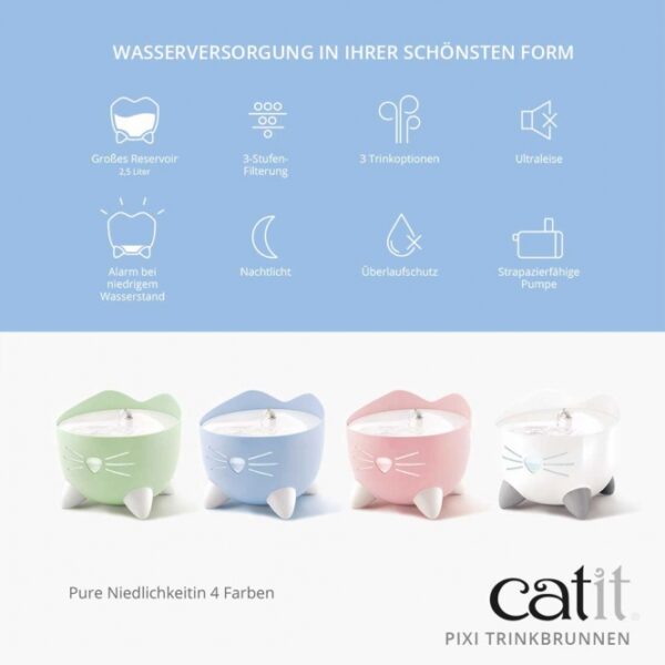 Der Catit PIXI Trinkbrunnen bietet eine optimale Wasserversorgung für deine Katze in ihrer schönsten Form. Mit seinem fließenden Wasser regt der Trinkbrunnen deine Katze dazu an, mehr zu trinken, was entscheidend zur Vorbeugung von Harnwegserkrankungen beiträgt. Dank der innovativen dreifachen Filterung entfernt der integrierte Filter Schmutzpartikel, Gerüche und Verunreinigungen aus dem Trinkwasser und reduziert gleichzeitig den Magnesium- und Kalziumgehalt, um das Wasser zu enthärten. Die praktische Anzeige auf der Nase des PIXI Trinkbrunnens informiert dich über den aktuellen Wasserstand: Ein weißes Licht signalisiert Nachtlicht, ein blinkendes rotes Licht zeigt an, dass es Zeit zum Nachfüllen ist, und ein dauerhaft rotes Licht bedeutet, dass kein Wasser mehr vorhanden ist – der Brunnen schaltet sich dann automatisch ab. Der ergonomische Wasserfluss sorgt dafür, dass deine Katze bequem trinken kann, ohne ihren Kopf unnatürlich abknicken zu müssen. Der bogenförmige Wasserstrom kann einfach durch Anbringen des Düsenkopfs erzeugt werden. Zudem ist die schnurrhaarfreundliche Trinkoberfläche so gestaltet, dass deine Katze auch bei ausgeschaltetem Brunnen trinken kann. Mit einem leisen Betrieb, der die Pumpe im Reservoir aufhängt, ist der Catit PIXI Trinkbrunnen so leise wie ein Mäuschen. Die kompakten Maße von ca. 20,5 x 20,5 x 17 cm und die großzügige Reservoir-Kapazität von 2,5 Litern machen ihn zu einer praktischen Wahl für jeden Katzenbesitzer. Der Trinkbrunnen wird über einen USB-Anschluss mit DC 5V 1A betrieben und ist in einem eleganten Mintgrün erhältlich. Sorge für das Wohlbefinden deiner Katze mit diesem hochwertigen Trinkbrunnen, der frisches, sauberes Wasser jederzeit zur Verfügung stellt!