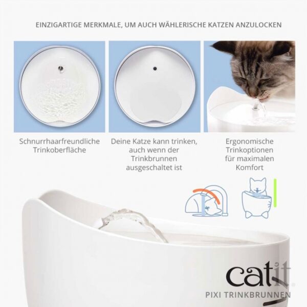 Der Catit PIXI Trinkbrunnen ist die ideale Lösung für die Wasserversorgung deiner Katze und sorgt kontinuierlich für frisches, sauberes Wasser. Fließendes Wasser regt Katzen dazu an, mehr zu trinken, was entscheidend zur Vorbeugung von Harnwegserkrankungen beiträgt. Dieser hochwertige Trinkbrunnen verfügt über eine dreifach wirksame Filterung, die Schmutzpartikel, Gerüche und Verunreinigungen entfernt und das Wasser enthärtet, indem sie den Magnesium- und Kalziumgehalt reduziert. Die praktische LED-Anzeige informiert dich über den Wasserstand: ein weißes Licht zeigt das Nachtlicht an, während ein blinkendes rotes Licht signalisiert, dass es Zeit zum Nachfüllen ist. Mit ergonomischen Trinkoptionen ermöglicht der PIXI Trinkbrunnen deiner Katze ein bequemes Trinken ohne unangenehmes Abknicken des Kopfes. Zudem ist die schnurrhaarfreundliche Trinkoberfläche so gestaltet, dass deine Katze auch bei ausgeschaltetem Brunnen trinken kann. Dank der im Reservoir aufgehängten Pumpe läuft der Trinkbrunnen extrem leise. Mit kompakten Maßen von ca. 20,5 x 20,5 x 17 cm und einer Reservoir-Kapazität von 2,5 Litern ist er perfekt für jeden Haushalt. Der Catit PIXI Trinkbrunnen in stilvollem Rosa ist die beste Wahl für eine gesunde Hydration deiner Katze!