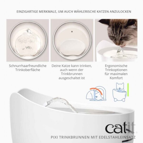 Entdecke den Catit PIXI 2,5-Liter-Trinkbrunnen mit hochwertigem Edelstahl-Top, der speziell für wählerische Katzen entwickelt wurde. Dieser stilvolle Trinkbrunnen fördert das Trinken durch ergonomische Trinkoptionen und sorgt für kontinuierlich frisches, sauberes Wasser. Dank der dreifach wirksamen Filterung entfernt der integrierte Filter Schmutzpartikel und Verunreinigungen, während er das Wasser enthärtet und somit Harnwegserkrankungen vorbeugt. Die praktische LED-Statusanzeige zeigt dir jederzeit den Wasserstand an – blinkend rot bedeutet Nachfüllen, und bei leerem Reservoir schaltet sich der Brunnen automatisch ab. Mit seiner leisen Pumpe und der schnurrhaarfreundlichen Trinkoberfläche ist dieser Trinkbrunnen nicht nur funktional, sondern auch angenehm für deine Katze. Maße: ca. 20,5 x 20,5 x 17 cm, Kapazität: 2,5L. Gönn deiner Katze die beste Wasserversorgung in hygienischer Qualität!