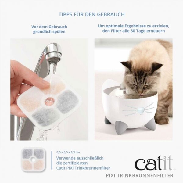 Für sauberes und besser schmeckendes Wasser für Ihre Katze ist der Catit PIXI Trinkbrunnenfilter die perfekte Lösung. Dieser hochwertige Filter entfernt effektiv Schmutzpartikel, Gerüche und Verunreinigungen aus dem Leitungswasser und sorgt zudem für eine Enthärtung, indem er Magnesium und Kalzium reduziert. So schützen Sie die Gesundheit Ihrer Katze vor Harnwegserkrankungen. Der Filter funktioniert in einem dreistufigen Reinigungssystem und ist für alle Catit PIXI Trinkbrunnen geeignet. Mit dem 3er Pack haben Sie immer einen frischen Filter zur Hand, um das Trinkwasser Ihrer Katze jederzeit zu optimieren. Vertrauen Sie auf die Vorteile der UVC-Sterilisation, die bis zu 99% der unsichtbaren Bakterien und Viren neutralisiert. Sorgen Sie für das beste Trinkwasser – für das Wohl Ihrer Katze!