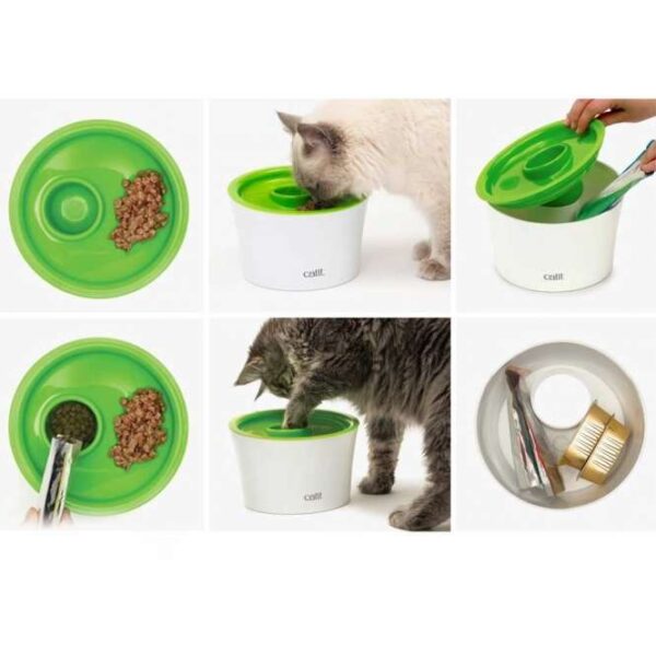Der Catit 3-in-1-Napf ist die perfekte Lösung, um Ihrer Katze sowohl nasses als auch trockenes Futter auf praktische Art und Weise zu servieren. Mit seinem kompakten und durchdachten Design vereint dieser hochwertige Napf drei Funktionen in einem: eine Pfotenöffnung, die das natürliche Fressverhalten Ihrer Katze stimuliert, sodass sie spielerisch snackgroße Portionen herausfischen kann. Dies fördert nicht nur die gesunde Futteraufnahme, sondern verhindert auch, dass sich Ihre Katze überfrisst. Ideal für die Zeiten, in denen Sie nicht zu Hause sind, können Sie Nassfutter direkt in den Napf geben, während die Pfotenöffnung kleine Trockenfutterhappen für den Tag bereithält. Zusätzlich bietet der großzügige Vorratsbehälter im Inneren des Napfes eine praktische Möglichkeit, die Lieblingsleckereien Ihrer Katze griffbereit zu halten. Das flache Design sorgt dafür, dass die sensiblen Schnurrhaare Ihrer Katze nicht an den Seiten des Napfes reiben, und die komfortable Höhe ist sowohl für Kätzchen als auch für erwachsene Katzen geeignet. Der Catit 3-in-1-Napf lässt sich einfach auseinandernehmen und reinigen – einfach mit Neutralseife abwaschen und gründlich spülen. Mit einem Durchmesser von ca. 19 cm und einer Höhe von 12,5 cm ist dieser Napf die ideale Ergänzung für jeden Katzenhaushalt. Kombinieren Sie den Catit 3-in-1-Napf mit dem Catit Blumentrinkbrunnen für ein vollständiges Futter- und Trinkerlebnis für Ihre Katze!