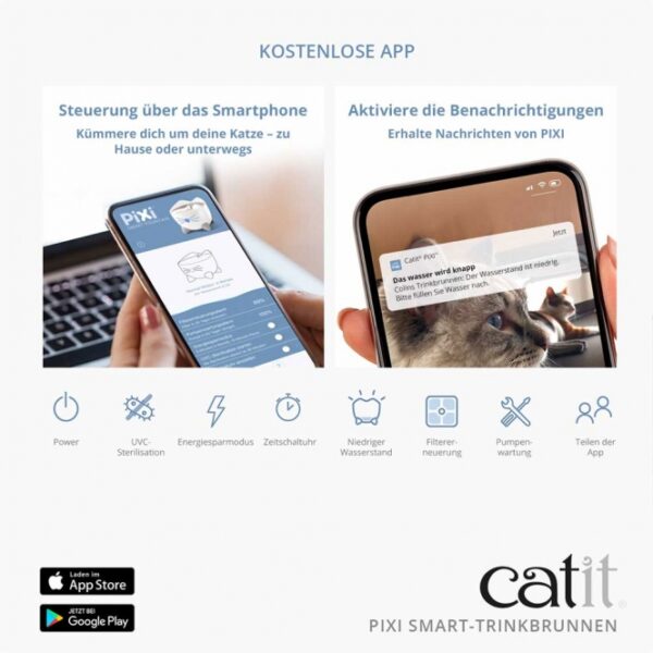 Entdecken Sie den **2-Liter-Trinkbrunnen mit UVC-Sterilisation und App-Steuerung**, der speziell für die Bedürfnisse Ihrer Katze entwickelt wurde. Dieser innovative Trinkbrunnen neutralisiert dank der effektiven UVC-Sterilisation 99% der Bakterien und Viren und sorgt so für ultrasauberes, schmackhaftes Wasser. Der integrierte Filter enthärtet das Wasser und entfernt Verunreinigungen, was die Gesundheit Ihrer Katze unterstützt und Harnwegserkrankungen vorbeugt. Mit ergonomischen Trinkoptionen und einem hochwertigen Edelstahleinsatz ist dieser Trinkbrunnen auch ideal für wählerische Katzen. Über die kostenlose App mit integriertem WiFi haben Sie stets den Überblick: von der UVC-Statusanzeige bis hin zur Filterwechselbenachrichtigung. Genießen Sie die leise Pumpe mit langlebigem Keramiklager, die für einen ruhigen Betrieb sorgt. Machen Sie das Trinken für Ihre Katze zum Vergnügen – mit dem Catit PIXI Smart-Trinkbrunnen!