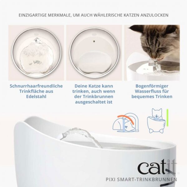 Entdecken Sie den **2-Liter-Trinkbrunnen mit UVC-Sterilisation und App-Steuerung**, der speziell für die Bedürfnisse Ihrer Katze entwickelt wurde. Dieser innovative Trinkbrunnen neutralisiert dank der effektiven UVC-Sterilisation 99% der Bakterien und Viren und sorgt so für ultrasauberes, schmackhaftes Wasser. Der integrierte Filter enthärtet das Wasser und entfernt Verunreinigungen, was die Gesundheit Ihrer Katze unterstützt und Harnwegserkrankungen vorbeugt. Mit ergonomischen Trinkoptionen und einem hochwertigen Edelstahleinsatz ist dieser Trinkbrunnen auch ideal für wählerische Katzen. Über die kostenlose App mit integriertem WiFi haben Sie stets den Überblick: von der UVC-Statusanzeige bis hin zur Filterwechselbenachrichtigung. Genießen Sie die leise Pumpe mit langlebigem Keramiklager, die für einen ruhigen Betrieb sorgt. Machen Sie das Trinken für Ihre Katze zum Vergnügen – mit dem Catit PIXI Smart-Trinkbrunnen!