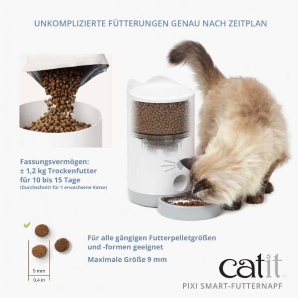 Der **PIXI Smart-Futternapf** von Catit ist die perfekte Lösung für alle Katzenbesitzer, die eine flexible und stressfreie Fütterung wünschen. Mit seiner hochwertigen Edelstahlfutterschale und einem großen Reservoir, das bis zu 1,2 kg Trockenfutter fasst, sorgt dieser Futternapf für eine optimale Futterversorgung deiner Katze über einen Zeitraum von 10 bis 15 Tagen. Dank der kostenlosen App und dem integrierten WiFi kannst du individuelle Fütterungspläne erstellen und bis zu 12 Mahlzeiten pro Tag programmieren – ganz nach den Bedürfnissen deiner Katze. Der smarte Futternapf informiert dich per Push-Benachrichtigung, wenn es Zeit ist, das Futter aufzufüllen, und ermöglicht es dir, die Fütterung auch mit Freunden oder Familienmitgliedern zu teilen. Die spezielle Konstruktion und der leistungsstarke Motor gewährleisten eine zuverlässige Futterausgabe ohne Verstopfungen. Mit dem **PIXI Smart-Futternapf** bringst du nicht nur moderne Technologie in den Alltag deiner Katze, sondern auch eine neue Dimension der Fütterungsroutine – für glückliche und gesunde Katzen!