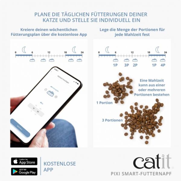 Der **PIXI Smart-Futternapf** von Catit ist die perfekte Lösung für alle Katzenbesitzer, die eine flexible und stressfreie Fütterung wünschen. Mit seiner hochwertigen Edelstahlfutterschale und einem großen Reservoir, das bis zu 1,2 kg Trockenfutter fasst, sorgt dieser Futternapf für eine optimale Futterversorgung deiner Katze über einen Zeitraum von 10 bis 15 Tagen. Dank der kostenlosen App und dem integrierten WiFi kannst du individuelle Fütterungspläne erstellen und bis zu 12 Mahlzeiten pro Tag programmieren – ganz nach den Bedürfnissen deiner Katze. Der smarte Futternapf informiert dich per Push-Benachrichtigung, wenn es Zeit ist, das Futter aufzufüllen, und ermöglicht es dir, die Fütterung auch mit Freunden oder Familienmitgliedern zu teilen. Die spezielle Konstruktion und der leistungsstarke Motor gewährleisten eine zuverlässige Futterausgabe ohne Verstopfungen. Mit dem **PIXI Smart-Futternapf** bringst du nicht nur moderne Technologie in den Alltag deiner Katze, sondern auch eine neue Dimension der Fütterungsroutine – für glückliche und gesunde Katzen!