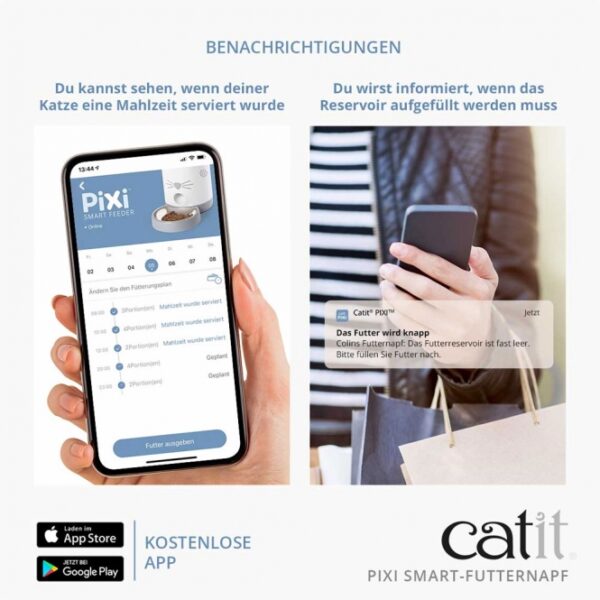 Der **PIXI Smart-Futternapf** von Catit ist die perfekte Lösung für alle Katzenbesitzer, die eine flexible und stressfreie Fütterung wünschen. Mit seiner hochwertigen Edelstahlfutterschale und einem großen Reservoir, das bis zu 1,2 kg Trockenfutter fasst, sorgt dieser Futternapf für eine optimale Futterversorgung deiner Katze über einen Zeitraum von 10 bis 15 Tagen. Dank der kostenlosen App und dem integrierten WiFi kannst du individuelle Fütterungspläne erstellen und bis zu 12 Mahlzeiten pro Tag programmieren – ganz nach den Bedürfnissen deiner Katze. Der smarte Futternapf informiert dich per Push-Benachrichtigung, wenn es Zeit ist, das Futter aufzufüllen, und ermöglicht es dir, die Fütterung auch mit Freunden oder Familienmitgliedern zu teilen. Die spezielle Konstruktion und der leistungsstarke Motor gewährleisten eine zuverlässige Futterausgabe ohne Verstopfungen. Mit dem **PIXI Smart-Futternapf** bringst du nicht nur moderne Technologie in den Alltag deiner Katze, sondern auch eine neue Dimension der Fütterungsroutine – für glückliche und gesunde Katzen!