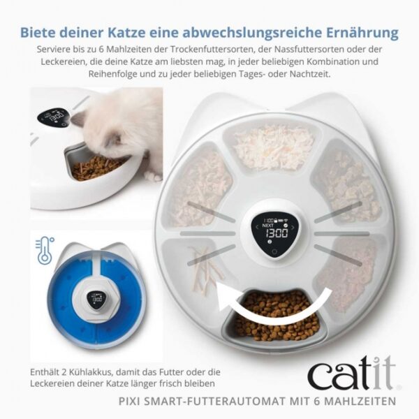 Der **Catit PIXI Fernsteuerbare Futterautomat für Katzen** ist die ideale Lösung für die Fütterung deiner Katze. Mit der Möglichkeit, bis zu **6 abwechslungsreiche Mahlzeiten pro Tag** zu servieren, kannst du Trockenfutter, Nassfutter und Leckereien ganz nach den Vorlieben deiner Katze kombinieren. Dieser **intelligente Futterautomat** ist kompatibel mit der kostenlosen **Catit PIXI App**, die dir die Planung und Überwachung der Fütterungen über ein benutzerfreundliches LCD-Bedienfeld ermöglicht. Die **katzensichere Bedienfeldsperre** und der **Schutz-Rotationsmechanismus** sorgen dafür, dass alles sicher bleibt. Zusätzlich enthält der Futterautomat **2 Kühlakkus**, die das Futter frisch halten. Optimiere die Ernährung deiner Katze mit dem **Catit PIXI Smart-Futterautomaten** und genieße die Freiheit, die Fütterungen flexibel zu gestalten – sowohl Tag als auch Nacht!