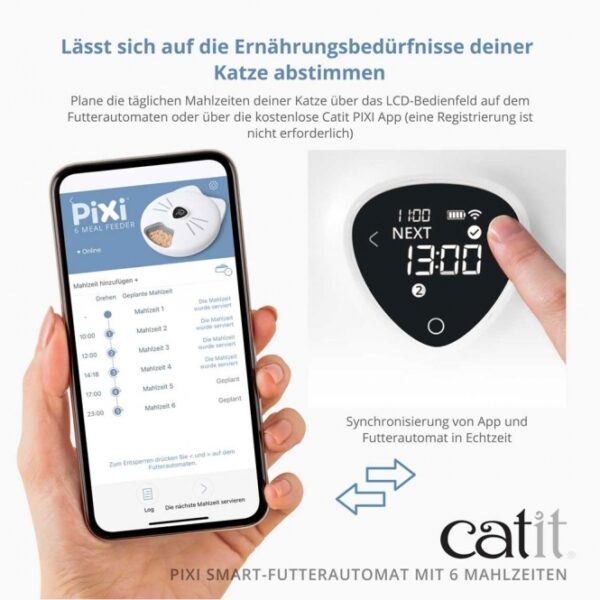 Der **Catit PIXI Fernsteuerbare Futterautomat für Katzen** ist die ideale Lösung für die Fütterung deiner Katze. Mit der Möglichkeit, bis zu **6 abwechslungsreiche Mahlzeiten pro Tag** zu servieren, kannst du Trockenfutter, Nassfutter und Leckereien ganz nach den Vorlieben deiner Katze kombinieren. Dieser **intelligente Futterautomat** ist kompatibel mit der kostenlosen **Catit PIXI App**, die dir die Planung und Überwachung der Fütterungen über ein benutzerfreundliches LCD-Bedienfeld ermöglicht. Die **katzensichere Bedienfeldsperre** und der **Schutz-Rotationsmechanismus** sorgen dafür, dass alles sicher bleibt. Zusätzlich enthält der Futterautomat **2 Kühlakkus**, die das Futter frisch halten. Optimiere die Ernährung deiner Katze mit dem **Catit PIXI Smart-Futterautomaten** und genieße die Freiheit, die Fütterungen flexibel zu gestalten – sowohl Tag als auch Nacht!