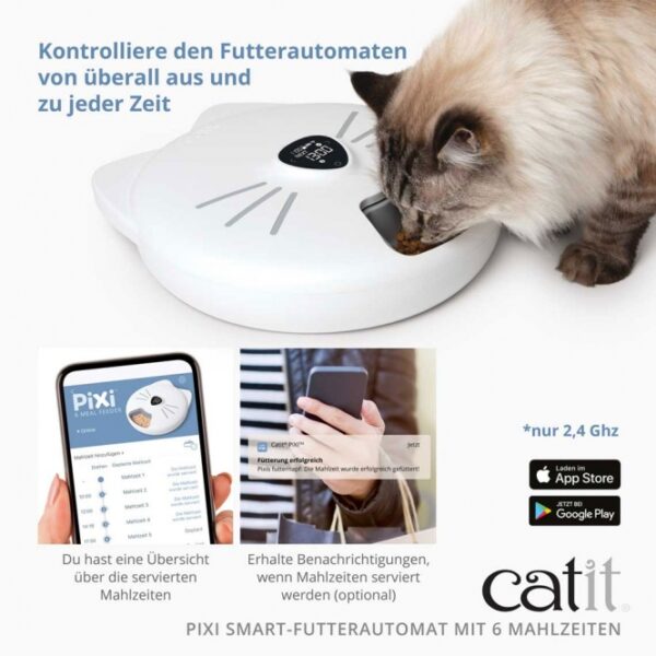 Der **Catit PIXI Fernsteuerbare Futterautomat für Katzen** ist die ideale Lösung für die Fütterung deiner Katze. Mit der Möglichkeit, bis zu **6 abwechslungsreiche Mahlzeiten pro Tag** zu servieren, kannst du Trockenfutter, Nassfutter und Leckereien ganz nach den Vorlieben deiner Katze kombinieren. Dieser **intelligente Futterautomat** ist kompatibel mit der kostenlosen **Catit PIXI App**, die dir die Planung und Überwachung der Fütterungen über ein benutzerfreundliches LCD-Bedienfeld ermöglicht. Die **katzensichere Bedienfeldsperre** und der **Schutz-Rotationsmechanismus** sorgen dafür, dass alles sicher bleibt. Zusätzlich enthält der Futterautomat **2 Kühlakkus**, die das Futter frisch halten. Optimiere die Ernährung deiner Katze mit dem **Catit PIXI Smart-Futterautomaten** und genieße die Freiheit, die Fütterungen flexibel zu gestalten – sowohl Tag als auch Nacht!