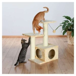 Dieser hochwertige Katzenbaum mit Plüsch-Bezug bietet Ihrem Haustier den perfekten Rückzugsort und Spielspaß. Die stabilen Stämme sind mit Natursisal umwickelt, was nicht nur für eine hohe Qualität sorgt, sondern auch die Krallenpflege Ihrer Katze unterstützt. Die gemütliche Höhle mit Plüscheinlage lädt zum Entspannen ein, während das Spielzeug am Gummiband für zusätzlichen Spielspaß sorgt. Mit einer Grundfläche von ca. 44 x 33 cm, einem Stammdurchmesser von ca. 9 cm und einer Höhe von ca. 71 cm ist dieser Katzenbaum ideal für kleine bis mittelgroße Katzen. Gönnen Sie Ihrem Liebling diesen stilvollen und funktionalen Katzenbaum, der sowohl Komfort als auch Unterhaltung bietet!