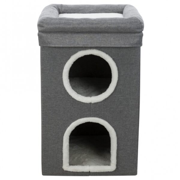 Dieser stilvolle und praktische Katzenbaum ist ideal für alle Katzenliebhaber, die ihren Haustieren einen gemütlichen Rückzugsort bieten möchten. Aus hochwertigem Sisal, Webstoff und Plüsch (Polyester) mit einem Gewicht von 260 g/m² gefertigt, bietet er eine langlebige und komfortable Umgebung. Die kuschelige Höhle, ausgestattet mit weichem Plüsch und Fleece, lädt zum Entspannen und Spielen ein. Dank der gepolsterten Liegeplatten ist dieser Katzenbaum besonders komfortabel. Zudem ist er zusammenklappbar und platzsparend, was ihn perfekt für kleine Wohnungen macht. Mit einer Höhe von ca. 64 cm und einer Grundfläche von ca. 39 x 39 cm in elegantem grau/weiß fügt er sich harmonisch in jedes Zuhause ein. Gönnen Sie Ihrer Katze diesen hochwertigen Rückzugsort – für glückliche und zufriedene Katzen!
