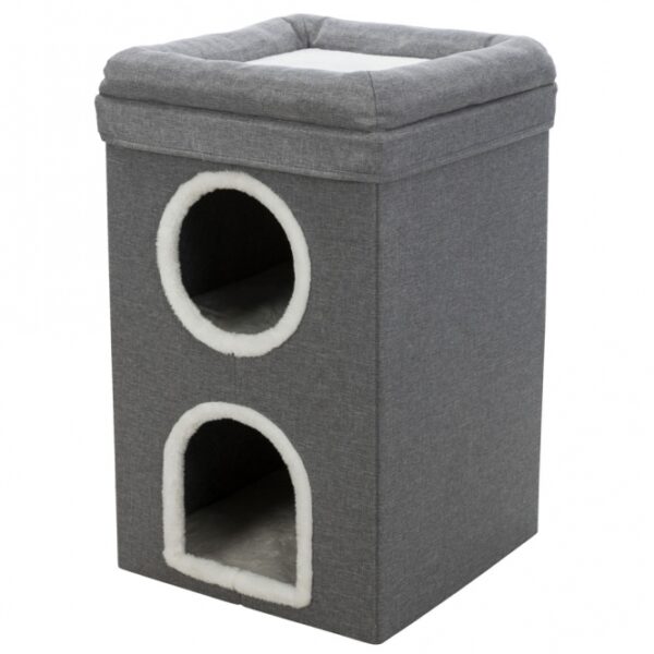 Dieser stilvolle und praktische Katzenbaum ist ideal für alle Katzenliebhaber, die ihren Haustieren einen gemütlichen Rückzugsort bieten möchten. Aus hochwertigem Sisal, Webstoff und Plüsch (Polyester) mit einem Gewicht von 260 g/m² gefertigt, bietet er eine langlebige und komfortable Umgebung. Die kuschelige Höhle, ausgestattet mit weichem Plüsch und Fleece, lädt zum Entspannen und Spielen ein. Dank der gepolsterten Liegeplatten ist dieser Katzenbaum besonders komfortabel. Zudem ist er zusammenklappbar und platzsparend, was ihn perfekt für kleine Wohnungen macht. Mit einer Höhe von ca. 64 cm und einer Grundfläche von ca. 39 x 39 cm in elegantem grau/weiß fügt er sich harmonisch in jedes Zuhause ein. Gönnen Sie Ihrer Katze diesen hochwertigen Rückzugsort – für glückliche und zufriedene Katzen!
