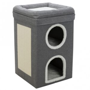 Dieser stilvolle und praktische Katzenbaum ist ideal für alle Katzenliebhaber, die ihren Haustieren einen gemütlichen Rückzugsort bieten möchten. Aus hochwertigem Sisal, Webstoff und Plüsch (Polyester) mit einem Gewicht von 260 g/m² gefertigt, bietet er eine langlebige und komfortable Umgebung. Die kuschelige Höhle, ausgestattet mit weichem Plüsch und Fleece, lädt zum Entspannen und Spielen ein. Dank der gepolsterten Liegeplatten ist dieser Katzenbaum besonders komfortabel. Zudem ist er zusammenklappbar und platzsparend, was ihn perfekt für kleine Wohnungen macht. Mit einer Höhe von ca. 64 cm und einer Grundfläche von ca. 39 x 39 cm in elegantem grau/weiß fügt er sich harmonisch in jedes Zuhause ein. Gönnen Sie Ihrer Katze diesen hochwertigen Rückzugsort – für glückliche und zufriedene Katzen!