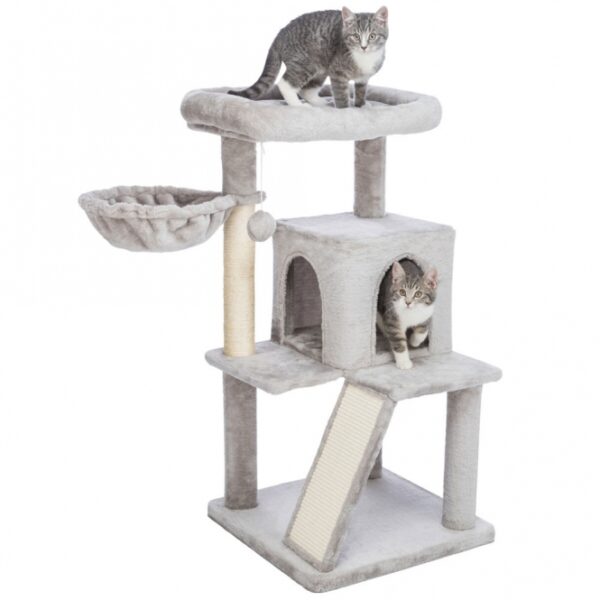 Entdecken Sie unser hochwertiges Kuschelbett für Katzen, das perfekt für entspannte Stunden ist. Mit einer stabilen Hängematte aus Sisal (ø 4 mm) und weichem Plüsch (Polyester, 250 g/m²) bietet es Ihrem Haustier einen komfortablen Rückzugsort. Die gemütliche Höhle aus Plüsch und der gepolsterte Rand sorgen für zusätzlichen Komfort und Sicherheit. In stilvollem Grau fügt sich das Kuschelbett harmonisch in jede Wohnung ein. Mit einer Grundfläche von ca. 48 × 48 cm und einer Höhe von ca. 98 cm ist es ideal für kleine bis mittelgroße Katzen. Der Stammdurchmesser von ca. 7 cm sorgt für Stabilität und Langlebigkeit. Gönnen Sie Ihrem Liebling den besten Platz zum Entspannen – mit unserem Kuschelbett in hoher Qualität!