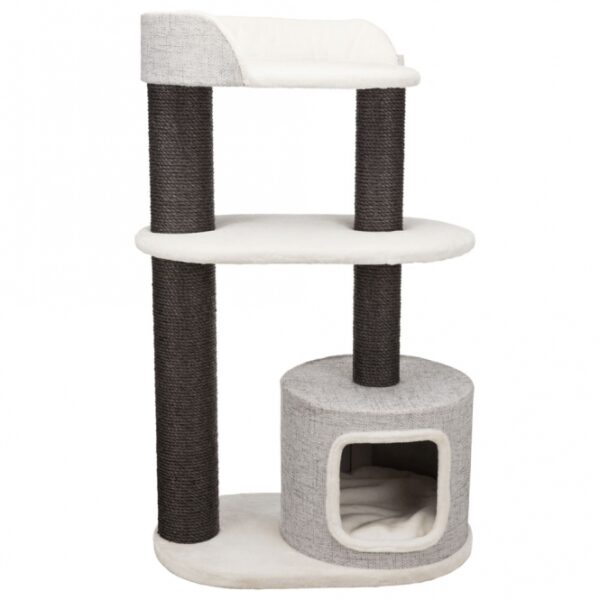 Entdecken Sie das ideale Kuschelbett für Ihr Haustier, gefertigt aus hochwertigem Sisal und weichem Plüsch (Polyester). Mit einem Durchmesser von 8 mm und einer Dichte von 400 g/m² bietet dieser Möbelstoff nicht nur Langlebigkeit, sondern auch höchsten Komfort. Das Kuschelbett hat einen gepolsterten Rand und eine gemütliche Höhle, die mit kuscheligem Fleece ausgestattet ist. Ein praktisches Wendekissen sorgt für zusätzlichen Komfort und kann einfach von Hand gewaschen werden. Die gepolsterten Liegeplatten bieten Ihrem Tier einen bequemen Platz zum Entspannen. In einem stilvollen Weiß/Grau passt dieses Bett perfekt in jede Wohnung. Mit einer Höhe von ca. 128 cm und einer Grundfläche von ca. 78 x 48 cm ist es ideal für mittelgroße Tiere. Der Stammdurchmesser von 12 bis 15 cm sorgt für Stabilität und Sicherheit. Gönnen Sie Ihrem Liebling den besten Schlafplatz mit diesem hochwertigen und gemütlichen Kuschelbett!