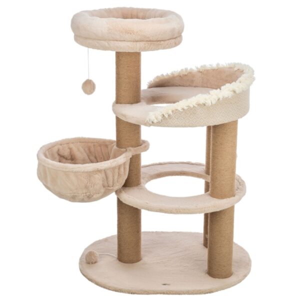 Dieser hochwertige Kratzbaum für Katzen vereint stilvolles Design und Funktionalität. Gefertigt aus robustem Jute mit einem Durchmesser von 5 mm und einem weichen Plüschbezug aus Polyester (290 g/m²), bietet er den perfekten Rückzugsort für Ihre Katze. Das abnehmbare Kuschelbett ist einfach zu reinigen und kann problemlos per Handwäsche gewaschen werden. Mit einer Grundfläche von ca. 77 × 58 cm und einer Höhe von ca. 114 cm ist dieser Kratzbaum ideal für Katzen jeden Alters. Der Stammdurchmesser von ca. 11 cm sorgt für Stabilität und Langlebigkeit. Gönnen Sie Ihrer Katze diesen stilvollen und hochwertigen Kratzbaum in der eleganten Farbe Beige – der beste Ort zum Spielen und Entspannen!
