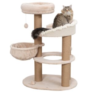 Dieser hochwertige Kratzbaum für Katzen vereint stilvolles Design und Funktionalität. Gefertigt aus robustem Jute mit einem Durchmesser von 5 mm und einem weichen Plüschbezug aus Polyester (290 g/m²), bietet er den perfekten Rückzugsort für Ihre Katze. Das abnehmbare Kuschelbett ist einfach zu reinigen und kann problemlos per Handwäsche gewaschen werden. Mit einer Grundfläche von ca. 77 × 58 cm und einer Höhe von ca. 114 cm ist dieser Kratzbaum ideal für Katzen jeden Alters. Der Stammdurchmesser von ca. 11 cm sorgt für Stabilität und Langlebigkeit. Gönnen Sie Ihrer Katze diesen stilvollen und hochwertigen Kratzbaum in der eleganten Farbe Beige – der beste Ort zum Spielen und Entspannen!
