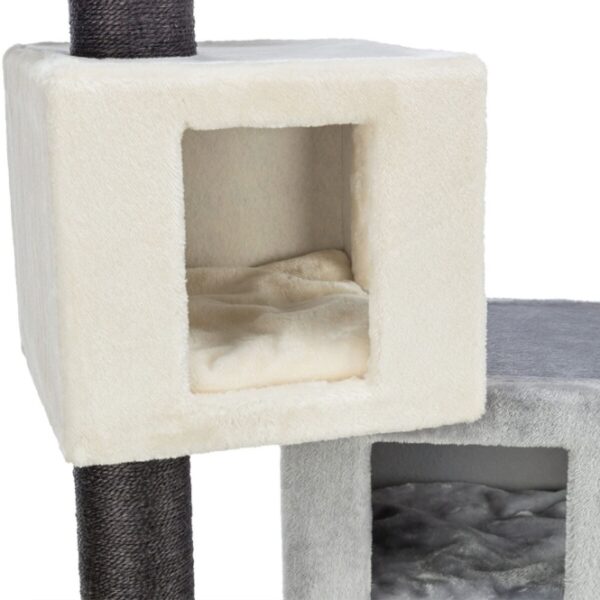 Dieses kuschelige Katzenbett aus hochwertigem Sisal und Plüsch (Polyester) ist der perfekte Rückzugsort für Ihre Katze. Mit einem Durchmesser von 5 mm und einem Gewicht von 280 g/m² bietet es sowohl Stabilität als auch Komfort. Das Bett hat eine Grundfläche von ca. 60 × 50 cm und eine Höhe von ca. 156 cm, ideal für Katzen, die gerne hoch hinaus wollen. Die Wendekissen sind nicht nur praktisch, sondern auch leicht zu reinigen, da sie handwaschbar sind. Die ansprechende Farbkombination aus creme, grau und schwarz fügt sich harmonisch in jedes Zuhause ein. Gönnen Sie Ihrer Katze den besten Platz zum Entspannen und Spielen!