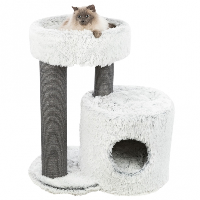 Dieses hochwertige Katzenhaus ist besonders für große Katzen geeignet und bietet einen komfortablen Rückzugsort. Es besteht aus strapazierfähiger Jute mit einem Durchmesser von 6 mm und einem Plüschbezug (Polyester) mit einer Grammatur von 310 g/m², der für ein angenehmes Liegegefühl sorgt. Die integrierte Höhle ist mit weichem Fleece ausgestattet, während das Kuschelbett mit einem gepolsterten Rand zusätzlichen Komfort bietet. Mit drei Wendekissen, die sich leicht von Hand waschen lassen, und einer dicken, schweren Bodenplatte garantiert es Stabilität und Langlebigkeit. Die elegante graue Farbe und die großzügige Grundfläche von ca. 86 × 54 cm machen es zu einem stilvollen Möbelstück für Ihr Zuhause. Der stabile Stamm hat einen Durchmesser von 15 cm und eine Höhe von ca. 96 cm, ideal für Katzen, die gerne klettern und sich zurückziehen.