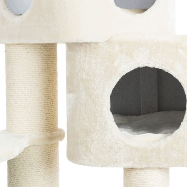 Dieser stilvolle und hochwertige Katzenbaum bietet Ihrem Haustier einen perfekten Rückzugsort und viel Spielspaß. Mit einem Sisaldurchmesser von 6 mm und einer stabilen Plüsch-Oberfläche aus 600 g/m² ist er besonders robust und langlebig. Die gemütlichen Höhlen sind mit weichem Plüsch/Fleece ausgestattet, was für ultimativen Komfort sorgt. Der Katzenbaum hat eine Höhe von ca. 120 cm und eine Grundfläche von ca. 58 x 58 cm, ideal für jede Wohnung. Zudem sind zwei Wendekissen enthalten, die sich leicht per Handwäsche reinigen lassen. In einem eleganten Creme-Ton fügt sich dieser Katzenbaum harmonisch in Ihr Zuhause ein und bietet Ihrer Katze einen Ort zum Entspannen und Spielen. Holen Sie sich jetzt diesen hochwertigen Katzenbaum für Ihr geliebtes Haustier!